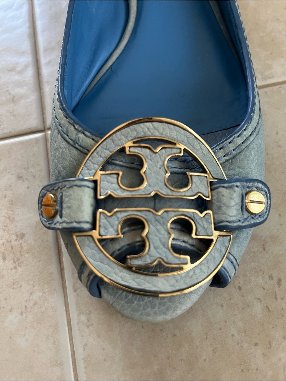 Tory Burch Pale Blue Leather Ballet Flat with Gold Logo